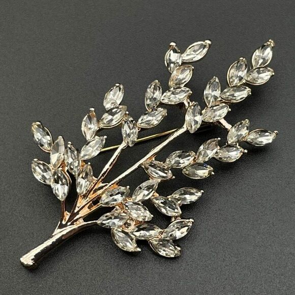 Rose Gold with White Diamond Crystal Tree Branch with Leaves Pin Back Brooch - Picture 2 of 9